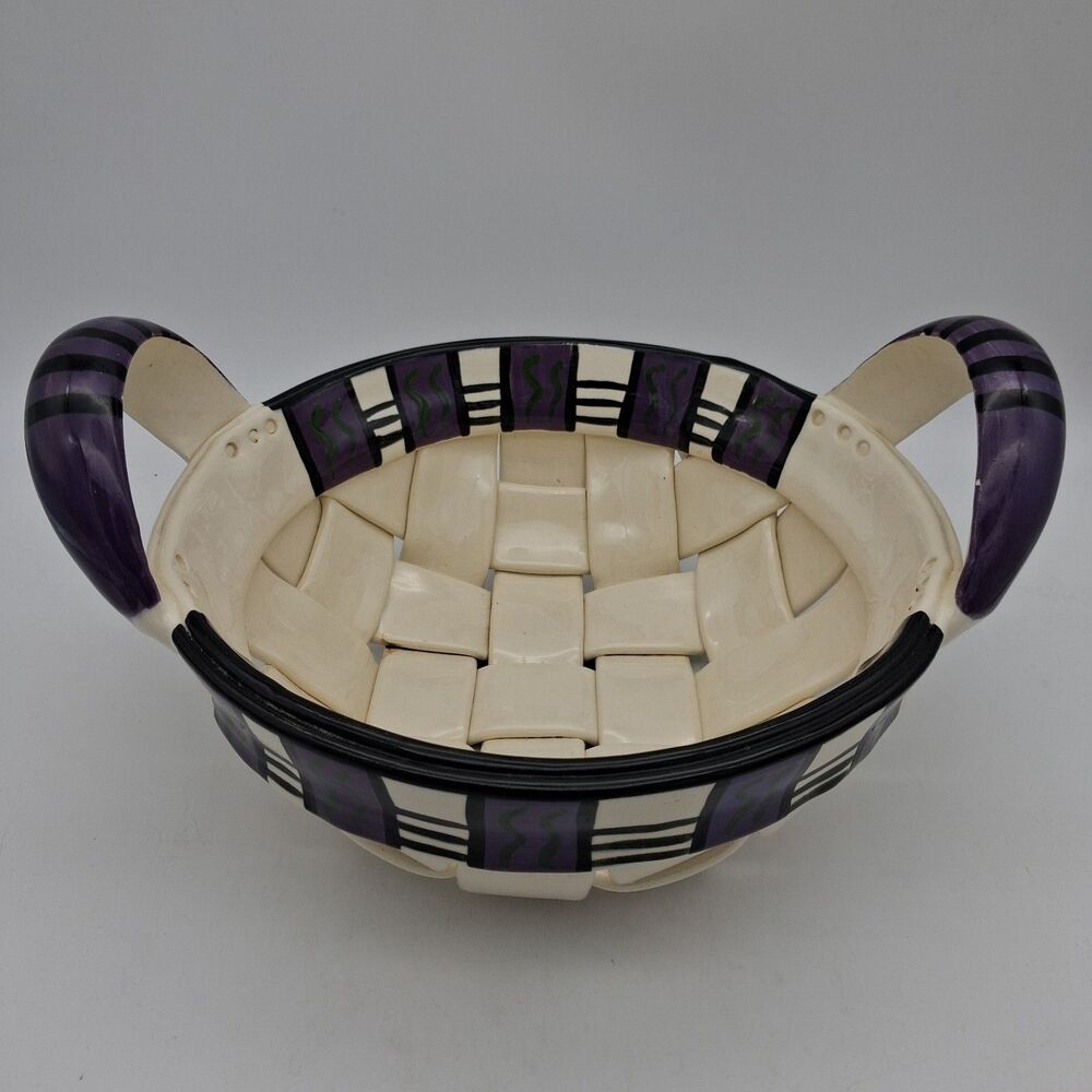 Rina Peleg Signed Pottery Basket Bowl-Hand Decorated Riveted Design 11 3/8"